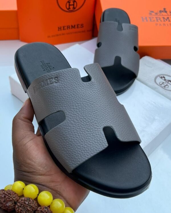 Hermes Inspired Grey Textured Leather H Cutout Slide Sandals