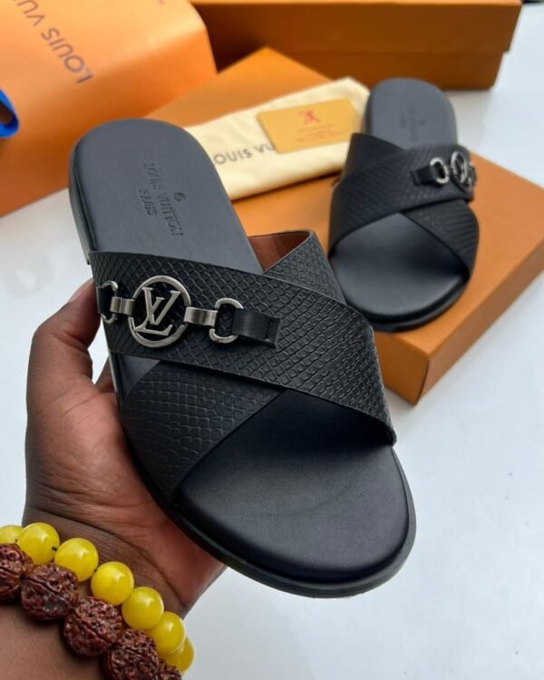 Mens Black Criss Cross Leather Slide Sandals