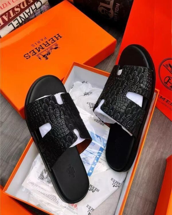 Mens Black Croc Pattern Slide Sandals