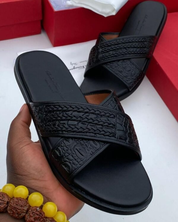 Mens Black Crocodile Embossed Leather Crossover Slippers