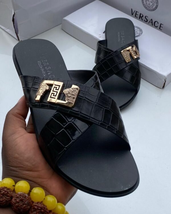 Mens Black Crocodile Textured Slide Sandals