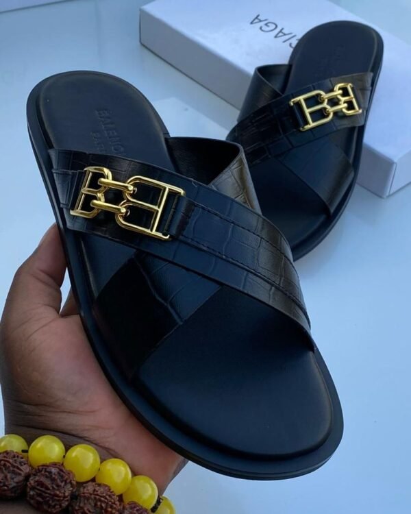 Mens Black Faux Crocodile Leather Slide Sandals