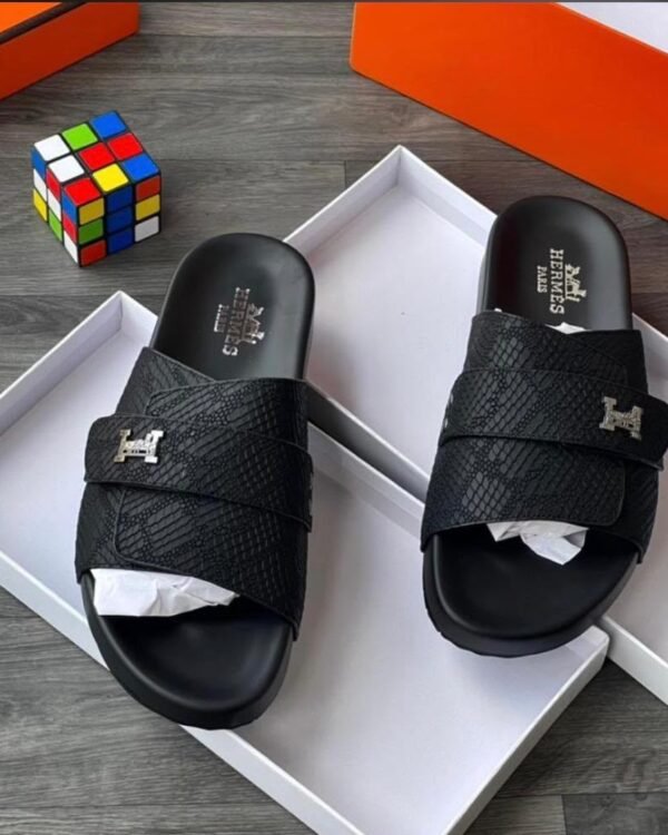 Mens Black Faux Snakeskin Slide Sandals