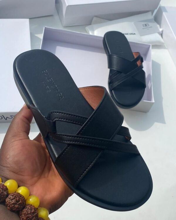 Mens Black Leather Criss Cross Slide Sandals