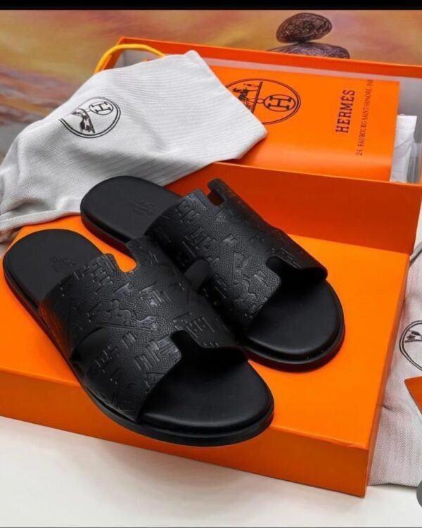 Mens Black Leather H Cutout Slide Sandals