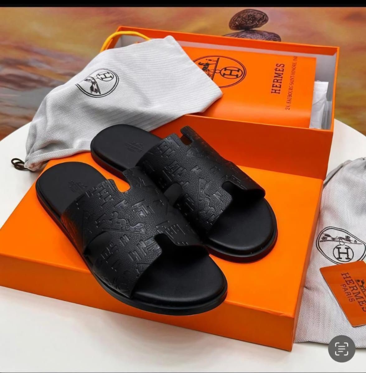 Mens Black Leather H Cutout Slide Sandals Mens Black Leather H Cutout Slide Sandals