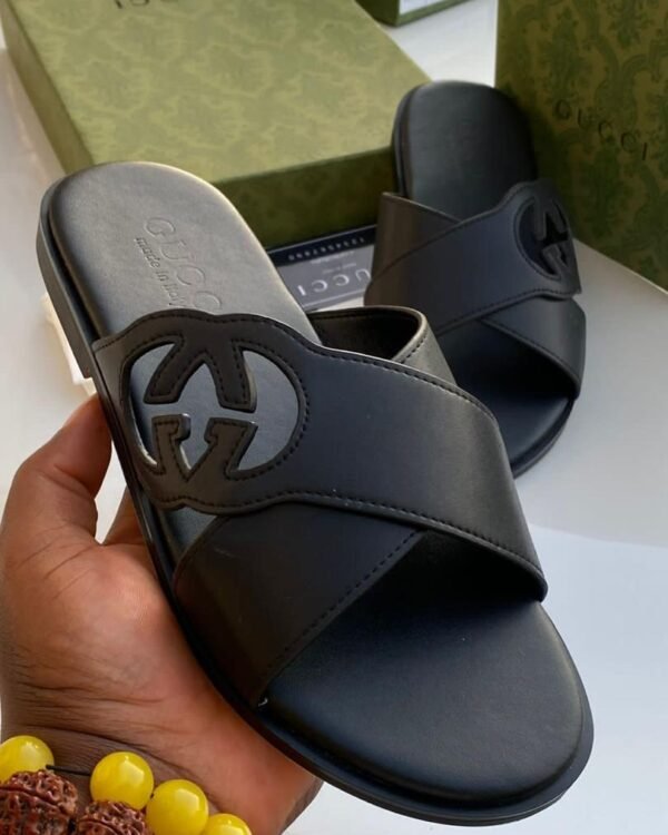 Mens Black Leather Slide Sandals