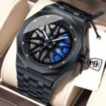 Mens Black Metal Car Wheel Inspired Wristwatch