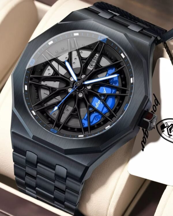 Mens Black Metal Car Wheel Inspired Wristwatch