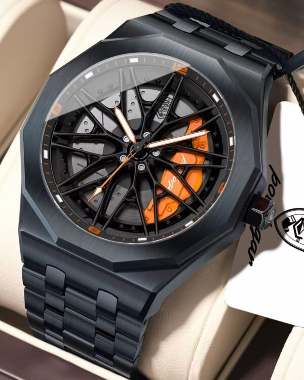 Mens Black Metal Car Wheel Inspired Wristwatch