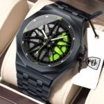 Mens Black Metal Car Wheel Inspired Wristwatch