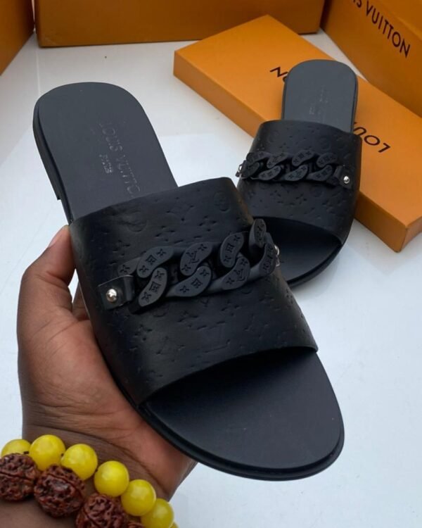 Mens Black Sandals Embossed Monogram Chunky Chain Accent