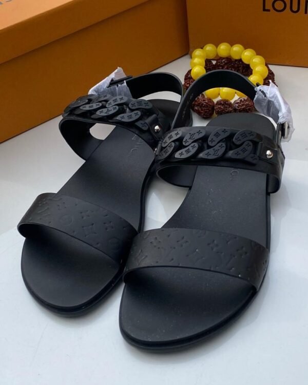 Mens Black Sandals Embossed Monogram Chunky Chain Accent