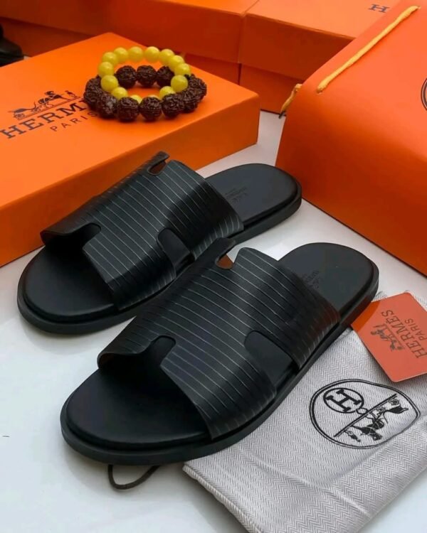 Mens Black Striped Leather Slide Sandals