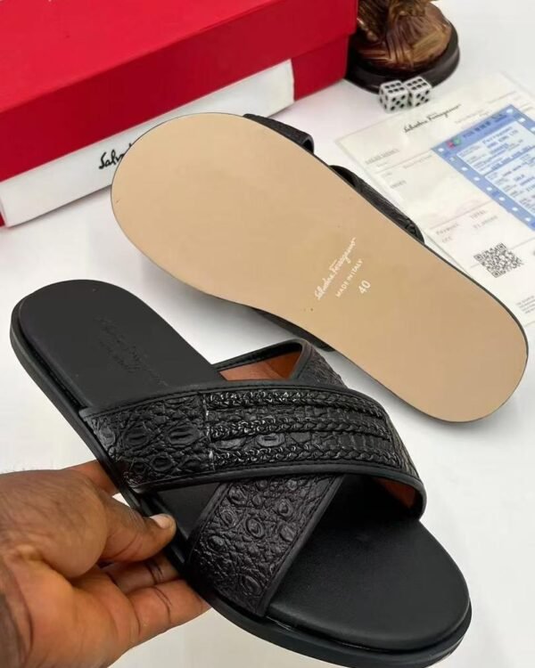Mens Black Textured Leather Cross Strap Slides