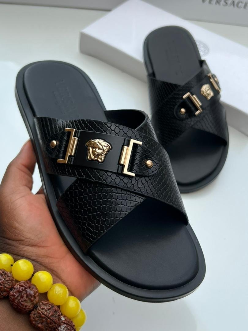 Mens Black Textured Leather Slide Sandals Mens Black Textured Leather Slide Sandals