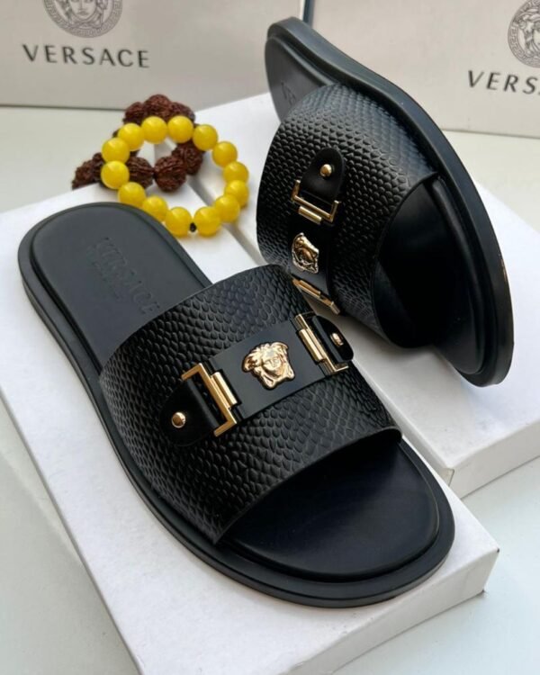 Mens Black Textured Slide Sandals