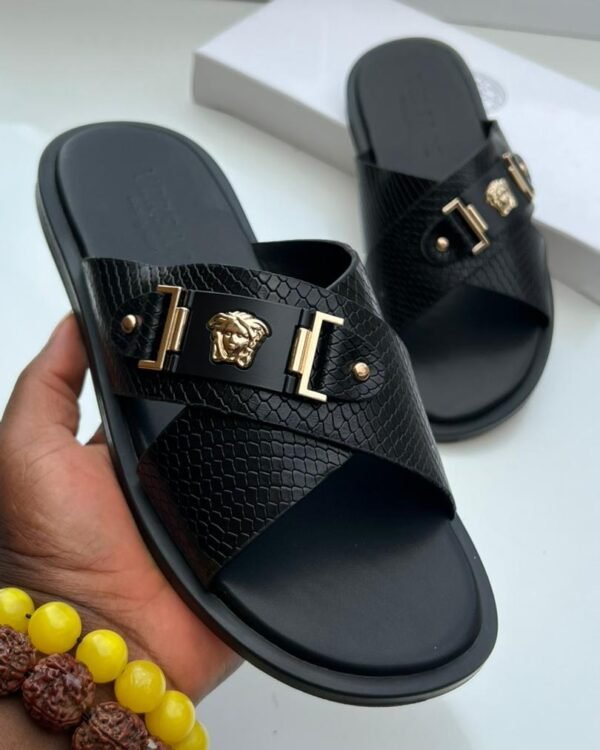 Mens Black Textured Slide Sandals