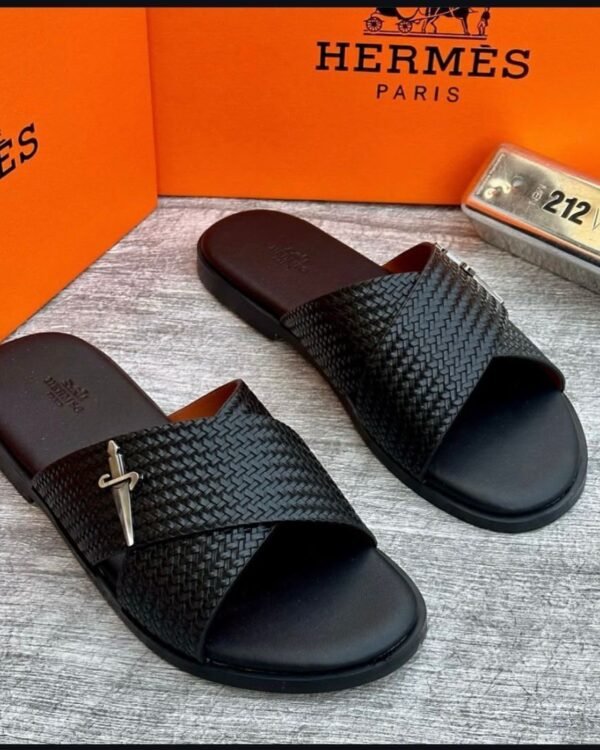 Mens Black Woven Leather Slide Sandals