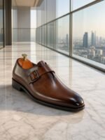 Mens Brown Cognac Leather Single Monk Strap Dress Shoes