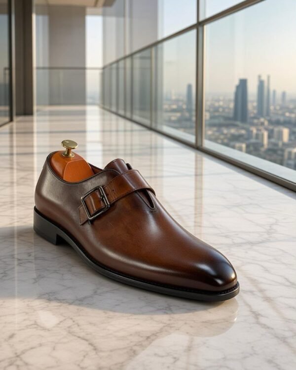 Mens Brown Cognac Leather Single Monk Strap Dress Shoes