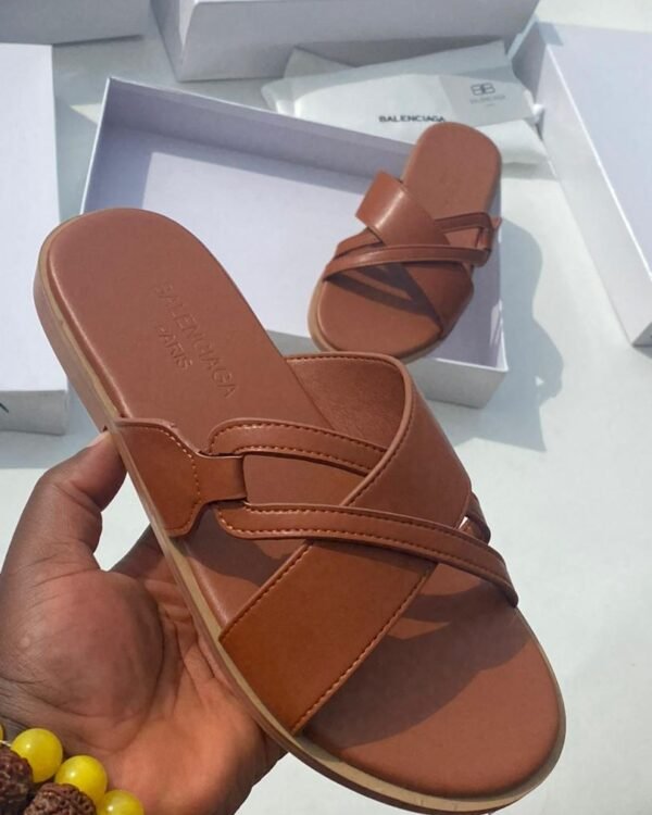 Mens Brown Leather Criss Cross Slide Sandals
