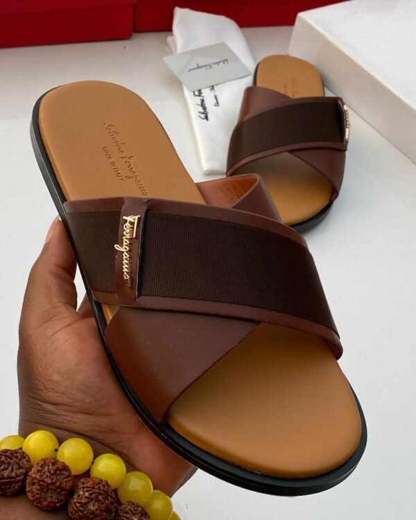 Mens Brown Leather Fabric Cross Strap Slippers