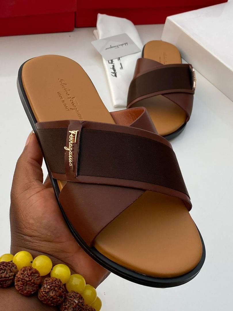 Mens Brown Leather Fabric Cross Strap Slippers Mens Brown Leather Fabric Cross Strap Slippers