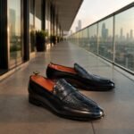 Mens Dark Brown Crocodile Textured Leather Penny Loafers - Image 2