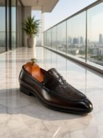 Mens Dark Brown Crocodile Textured Leather Penny Loafers