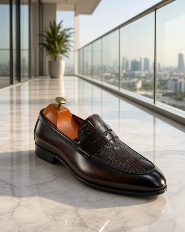 Mens Dark Brown Crocodile Textured Leather Penny Loafers
