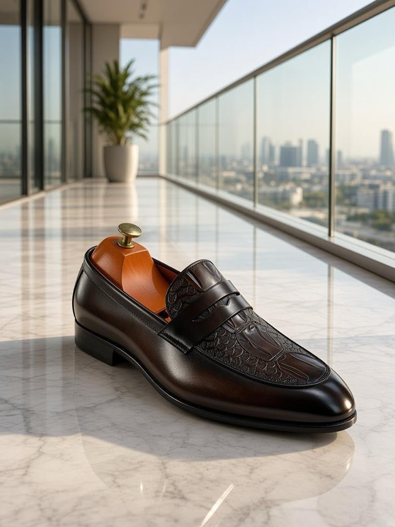 Mens Dark Brown Crocodile Textured Leather Penny Loafers Mens Dark Brown Crocodile Textured Leather Penny Loafers