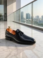 Mens Dark Brown Woven Leather Tassel Loafers - Image 2