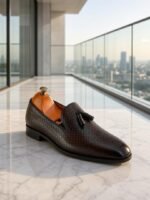 Mens Dark Brown Woven Leather Tassel Loafers