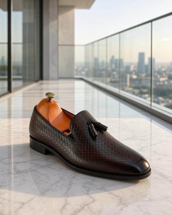 Mens Dark Brown Woven Leather Tassel Loafers