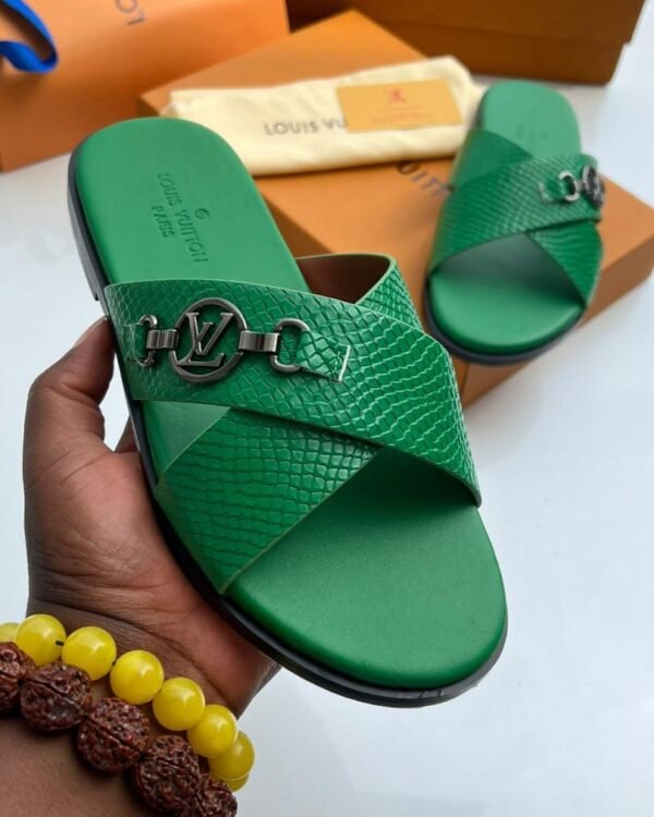 Mens Green Textured Leather Criss Cross Slide Sandals
