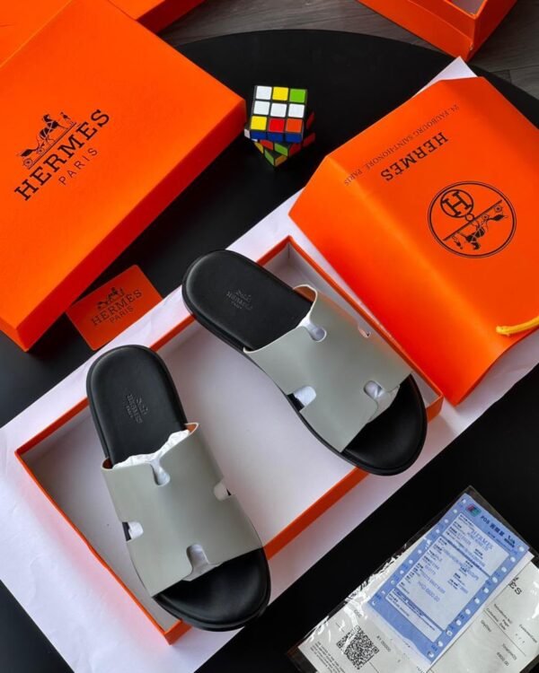 Mens Light Grey Black H Cutout Strap Slide Sandals