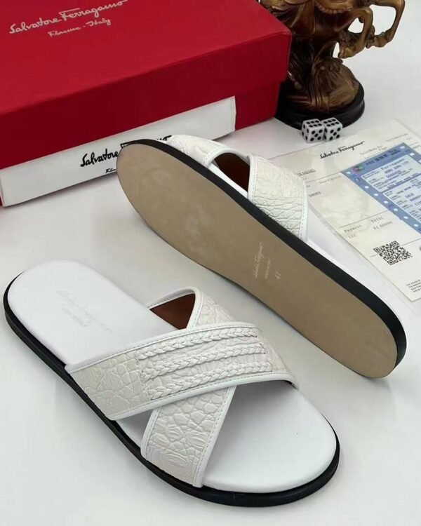 Mens White Crocodile Embossed Leather Cross Strap Sandals