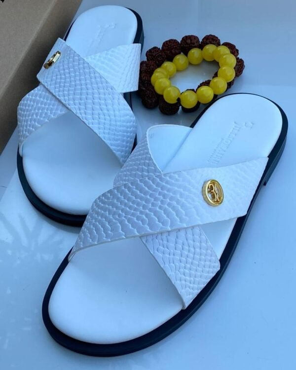 Mens White Leather Criss Cross Palm Slippers