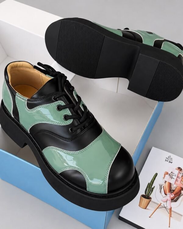 Mint Green Black Glossy Color Block Thick Sole Derby Shoes