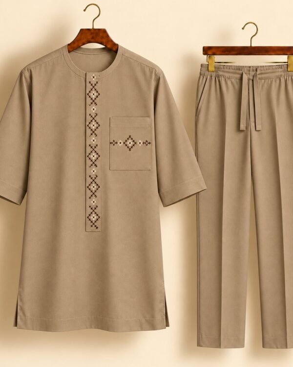 Beige Geometric Embroidered Senator Suit