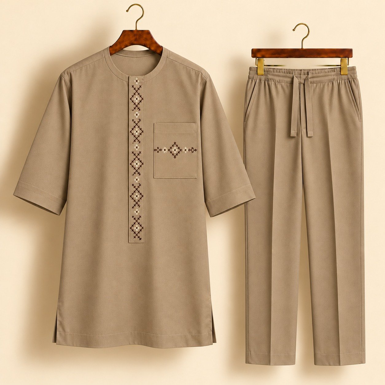 Beige Camel Geometric Embroidered Senator Suit Beige Camel Geometric Embroidered Senator Suit
