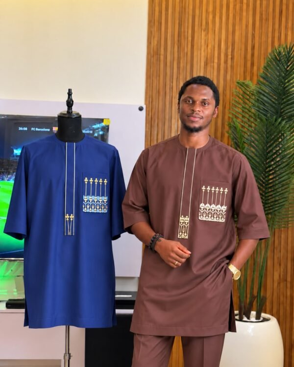 Brown Geometric Embroidered Senator Suit
