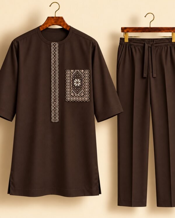 Coffee Brown Geometric Floral Embroidered Senator Suit