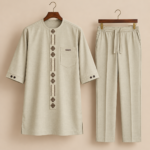 Light Beige Geometric Embroidered Senator Suit