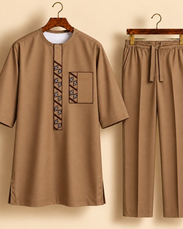 Light Brown Khaki Geometric Embroidered Senator Suit