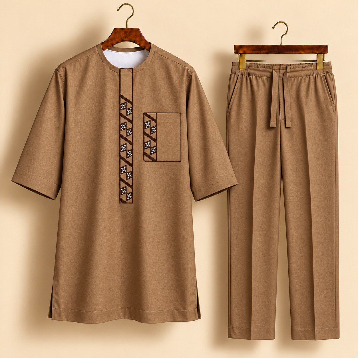 Light Brown Khaki Geometric Embroidered Senator Suit Light Brown Khaki Geometric Embroidered Senator Suit