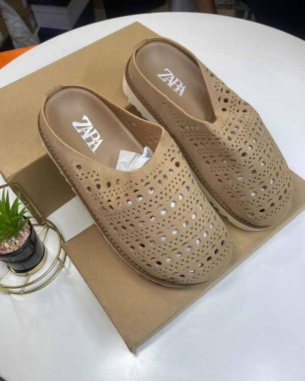 Mens Beige Perforated Suede Mules