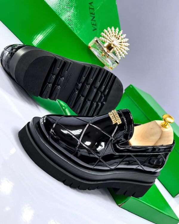 Mens Black Bottega Veneta Glossy Patent Leather Chunky Loafers