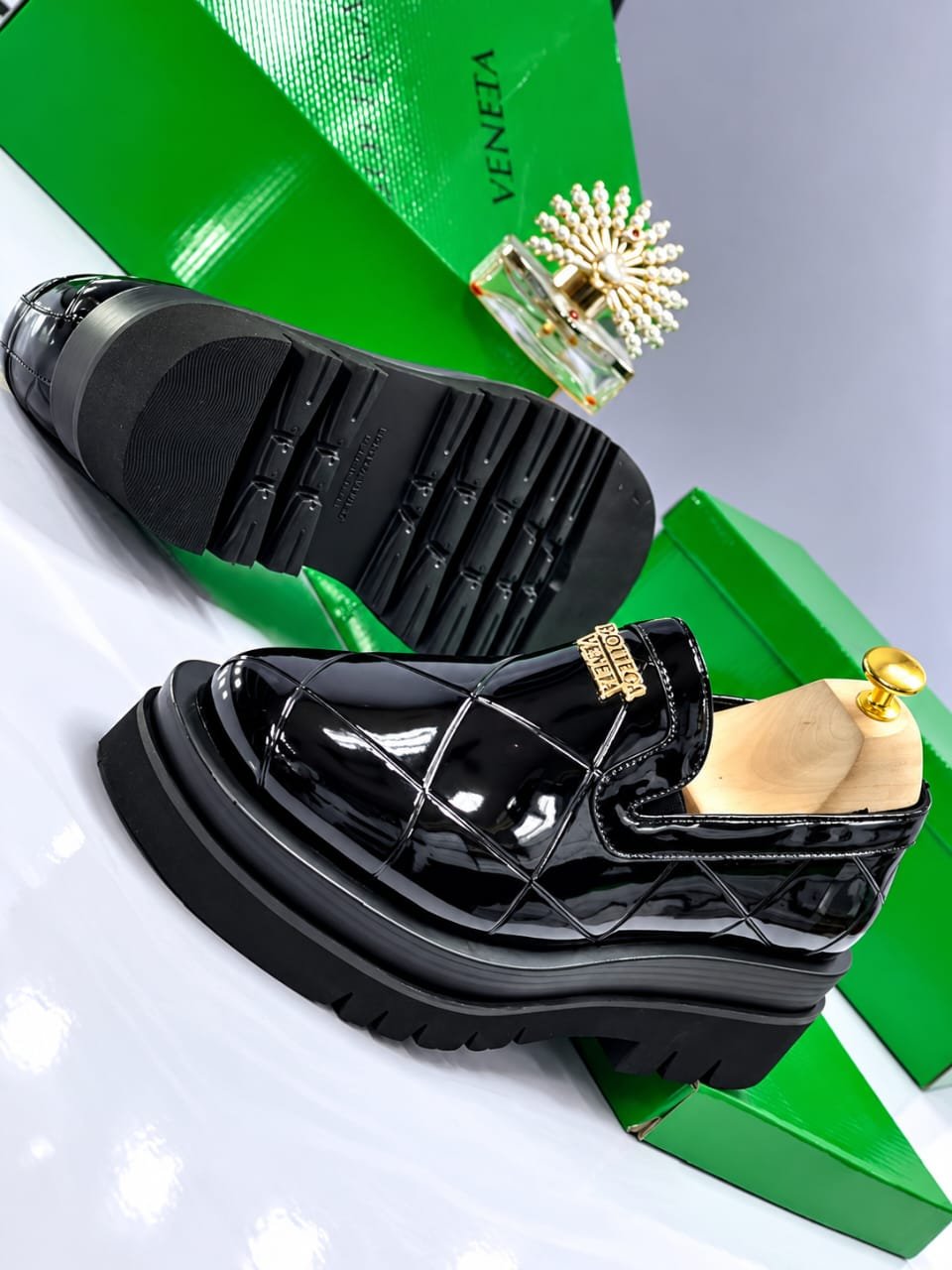 Mens Black Bottega Veneta Glossy Patent Leather Chunky Loafers Mens Black Bottega Veneta Glossy Patent Leather Chunky Loafers